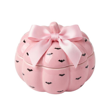 Photo-realistic Cute Pink Halloween Pumpkin Container with Bat Pattern and Bow for Holiday Decor  Gifts