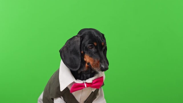 A black and tan dachshund dog in a white shirt, olive vest and pink bow tie looks around and lowers its gaze against a bright green screen, a concept of a smart dressed host or server.