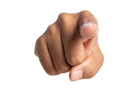 Close-up hand pointing at viewer on transparent background