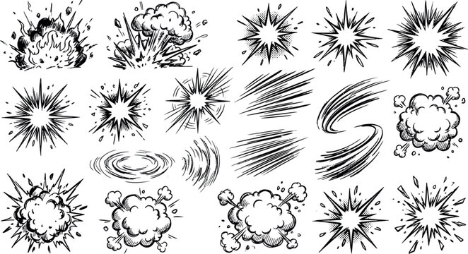 Comic Explosion Vector Effects Set, Black Line Art Flash and Cloud Elements, Vintage Manga Speed Lines Collection for Graphic Design