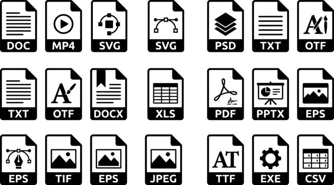 Minimalist file format icons vector collection, monochrome document extension symbols, digital media type linear signs set
