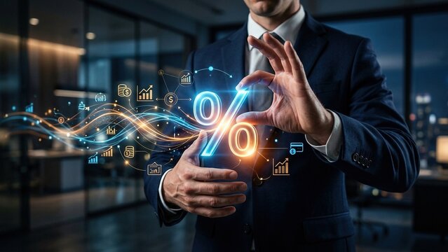 Businessman holding glowing percentage sign surrounded by digital financial icons and data streams representing finance analytics and business growth concepts