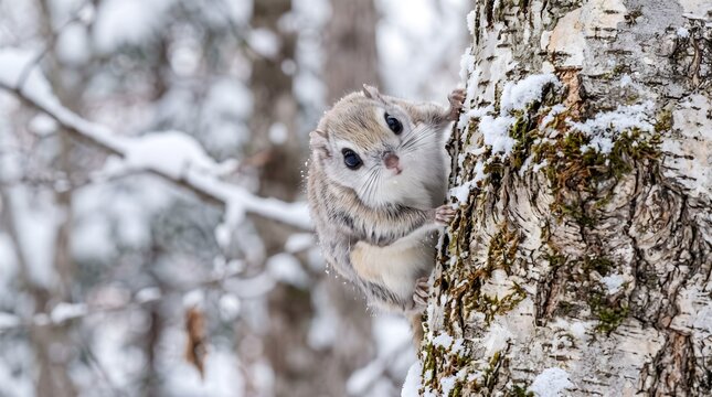 A cute Siberian flying squirrel perched on a birch tree trunk in a snowy winter forest.
