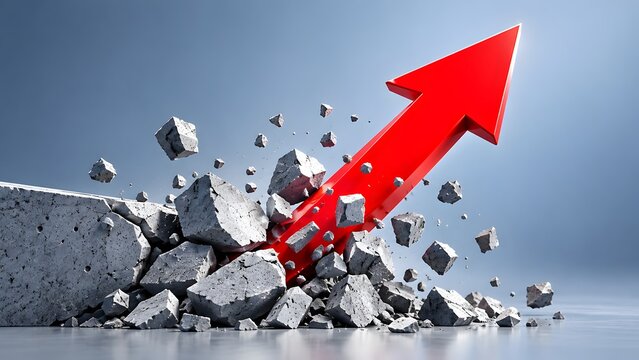 Dynamic red arrow shattering a concrete wall symbolizing aggressive market breakthrough and overcoming corporate obstacles