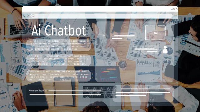 A group of professionals engaged in a collaborative meeting focused on AI chatbot development. They analyze data and strategize in a modern workspace, showcasing technology and teamwork. Raster