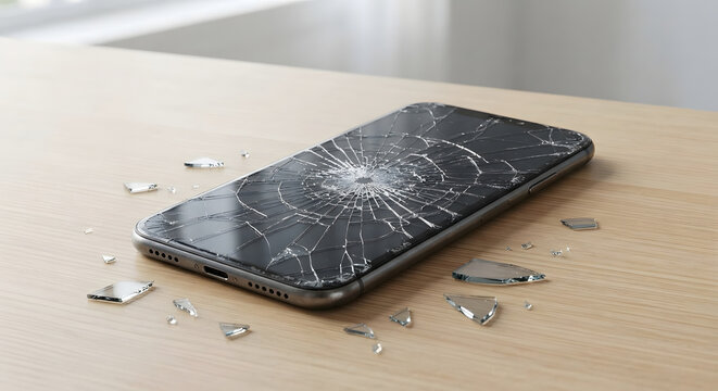 Broken smartphone with shattered glass screen and scattered glass pieces on a wooden table surface