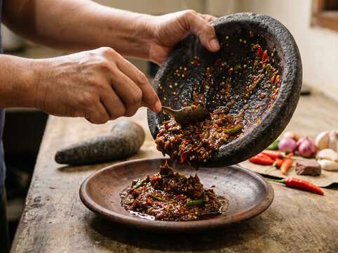 hands pouring sambal terasi from cobek stone mortar into plate, chili texture detail, authentic cooking process
