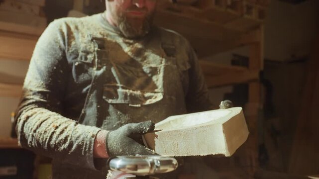 Man with sawdust covered clothing uses handheld electric planer to smooth wooden block at workbench. Workshop environment includes shelves and tools soft lighting emphasizes texture of wood