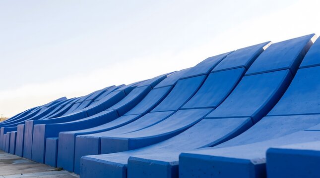 Blue wave stadium seating rows, Curved tiers repeating rhythm, Bold vivid amphitheater architecture, Minimalist undulating geometric pattern