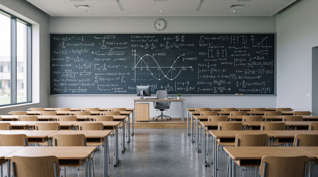 Empty classroom with rows of wooden desks and a large chalkboard covered in complex mathematical formulas and equations
