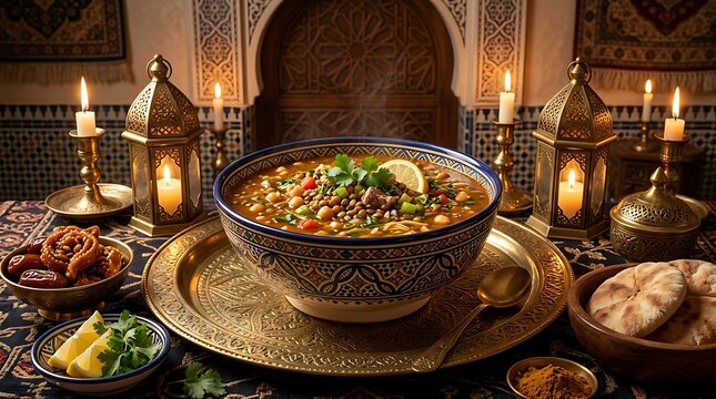 Traditional Moroccan Harira soup served in a ceramic bowl for Ramadan