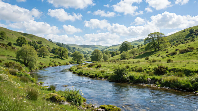 A Serene River Flowing Gracefully Through Lush Green Hills Under a Bright Blue Sky with Fluffy White Clouds Creating a Peaceful Natural Landscape