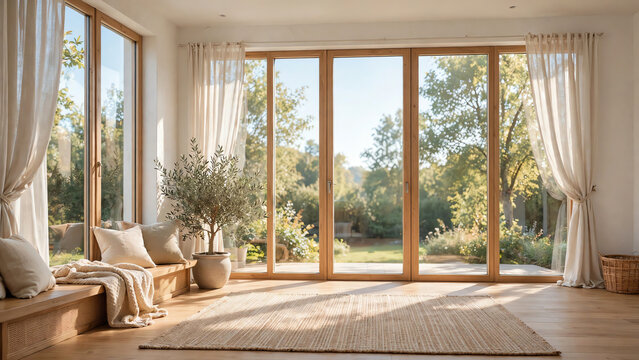 Bright and Airy Empty Room with Floor to Ceiling Windows Flooded with Natural Light Creating a Cozy and Inviting Atmosphere for Relaxation and Tranquility