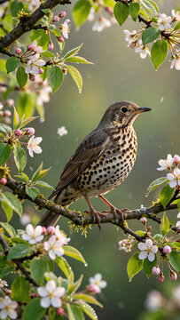 Mistle Thrush perched on a tree branch in soft morning light, surrounded by lush green leaves and delicate blossoms, capturing the essence of springtime beauty