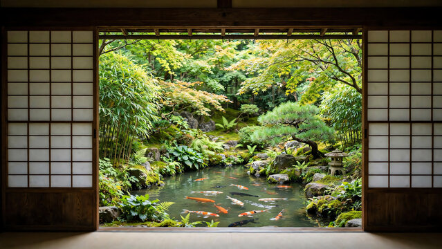 Tranquil Japanese Garden with Sliding Doors Framing a Serene Pond Surrounded by Lush Vegetation and Colorful Koi Fish, Bathed in Soft Natural Light
