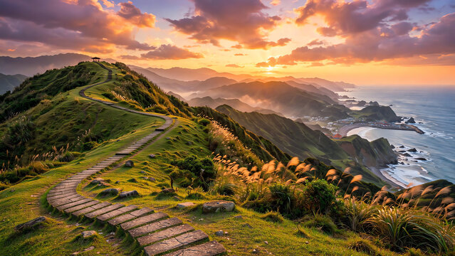 Majestic View of a Fairy Tale Landscape Featuring a Winding Stepping Stone Path at Sunset on the Caoling Historic Trail in Taiwan with Vibrant Colors