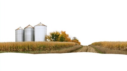 Fototapeta premium Tranquil rural landscape with silos and cornfield.
