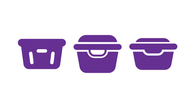 Set of three food storage container icons with container tupperware packaging organization reusable domestic houseware kitchenware household preservation collection