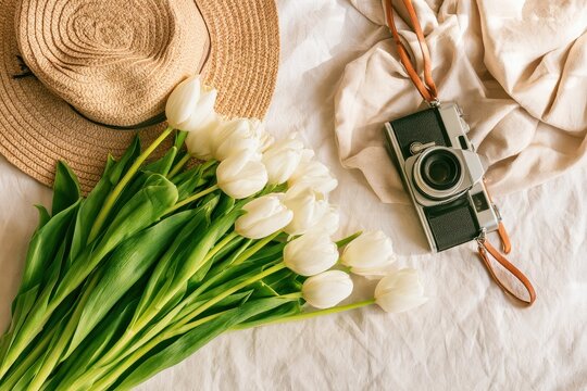 Straw hat, white tulips, and vintage camera flat lay