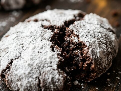 Chocolate cookie dusted with powdered sugar showcases festive baking details