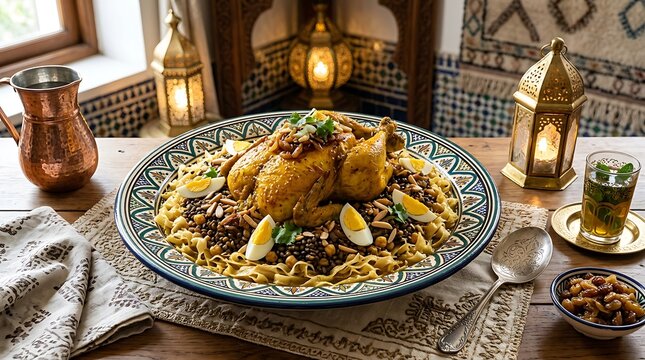 Traditional moroccan rfissa dish with chicken lentils and eggs served