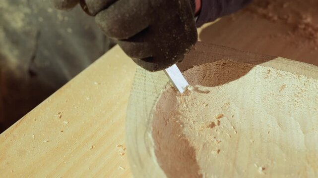 Close up shows person wearing gloves using small tool to carve detailed patterns into raw wooden material creating fine shavings. focus remains on interaction between hand chisel and wood