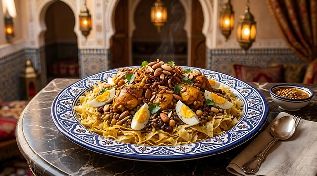 Traditional Moroccan rfissa chicken dish with lentils and boiled eggs on ceramic platter