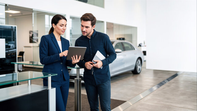 Businesswoman and man with tablet and car key discussing in car showroom, automotive sales consultation concept