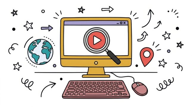 Hand drawn digital marketing illustration with computer monitor, video play button, and global icons