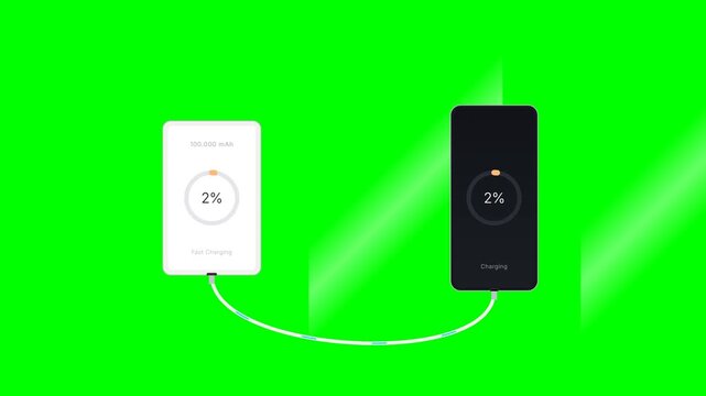 100,000 mAh Ultra Capacity Power Bank Charging Smartphone Animation on Green Screen Background
