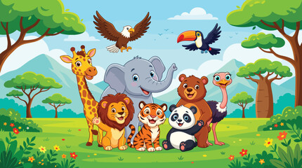 Fototapeta premium Group of cute cartoon wild animals in a sunny jungle nature landscape scenery
