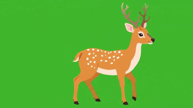 A cute cartoon illustration of a spotted deer standing against a solid green background.