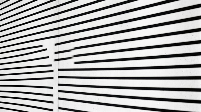 A high-contrast black and white abstract photograph of geometric shadows cast by window blinds or slats onto a textured wall, creating strong parallel lines and minimalist