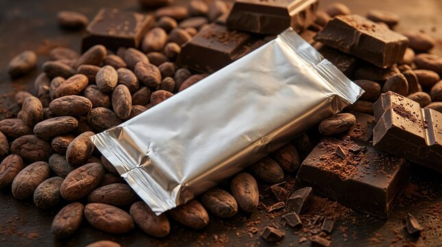 Chocolate Bar Foil Wrapper Mockup on Cocoa Beans