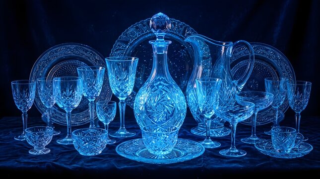 Ornate Vintage Crystal Wine Glass and Carafe Set Glowing with Intense Neon Blue Luminescence