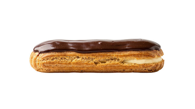 Delicious chocolate eclair filled with sweet cream pastry isolated on transparent background