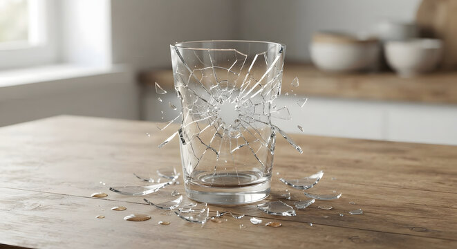 Broken transparent glass tumbler with shattered pieces and cracks scattered on a wooden kitchen table