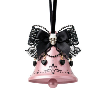 Detailed Gothic Pink Bell Ornament with Skull, Black Lace, Hearts for Halloween  Holiday Decor