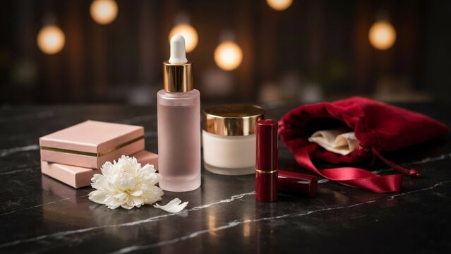 Luxury skincare and makeup products with a white flower on a dark marble surface with soft bokeh lights in the background