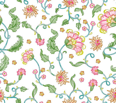 Seamless watercolor jacobean floral pattern with fantasy pink blossoms on a white background