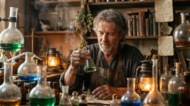 Alchemist Examining Green Liquid in Vintage Lab