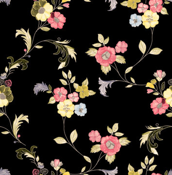 Vintage seamless floral pattern with colorful bouquets and acanthus leaves on a black background