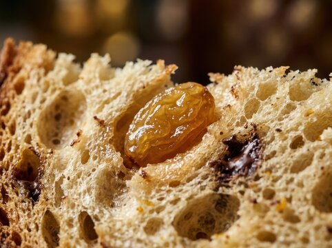 Close up of artisan bread slice with golden raisin in crust texture