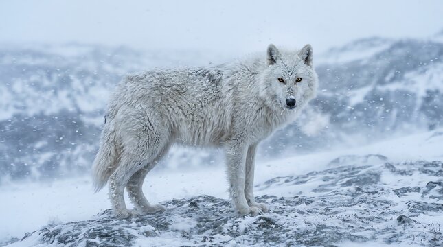 Wolf Standing on Rocky Hill in Arctic Blizzard