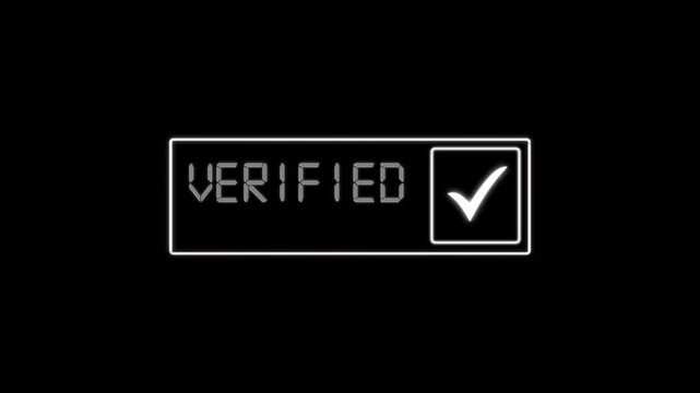 Futuristic verified badge animation featuring a digital-style font and glowing check mark. Suitable for technology, cybersecurity, and modern interface design projects.