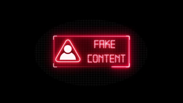 Futuristic red neon fake content warning with segmented digital lettering, white profile alert icon, glowing frame and circular grid on black for online safety projects.