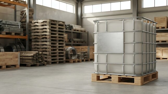 A single industrial ibc container resting on a wooden pallet inside a modern warehouse filled with stock materials