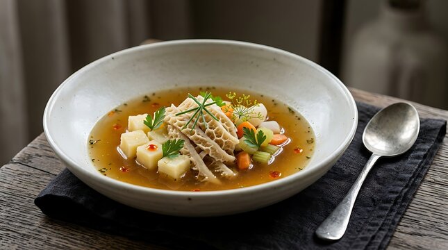 Traditional beef tripe soup served in a rustic elegant bowl