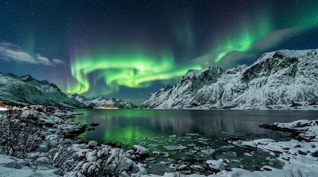 Aurora Borealis Glows over Snowy Arctic Mountains