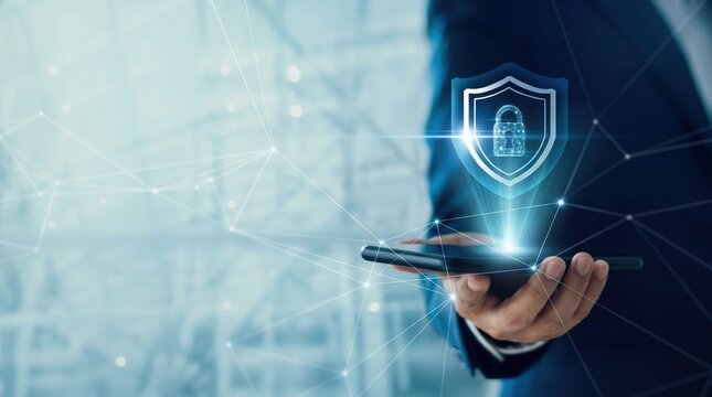 Businessman holding a smartphone with a glowing digital shield icon representing cybersecurity, data protection, privacy and network security concept against cyber threats and